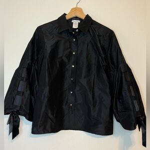 Oscar de la Renta Vintage Black Silk Blend Blouse Bow-Tie Balloon Sleeves Size 4